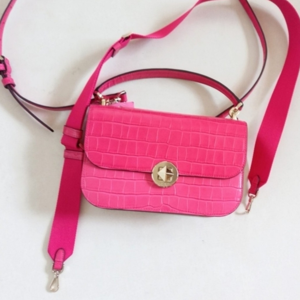 NWT Kate Spade pink Audrey leather croco embossed flap crossbody bag - Picture 3 of 7